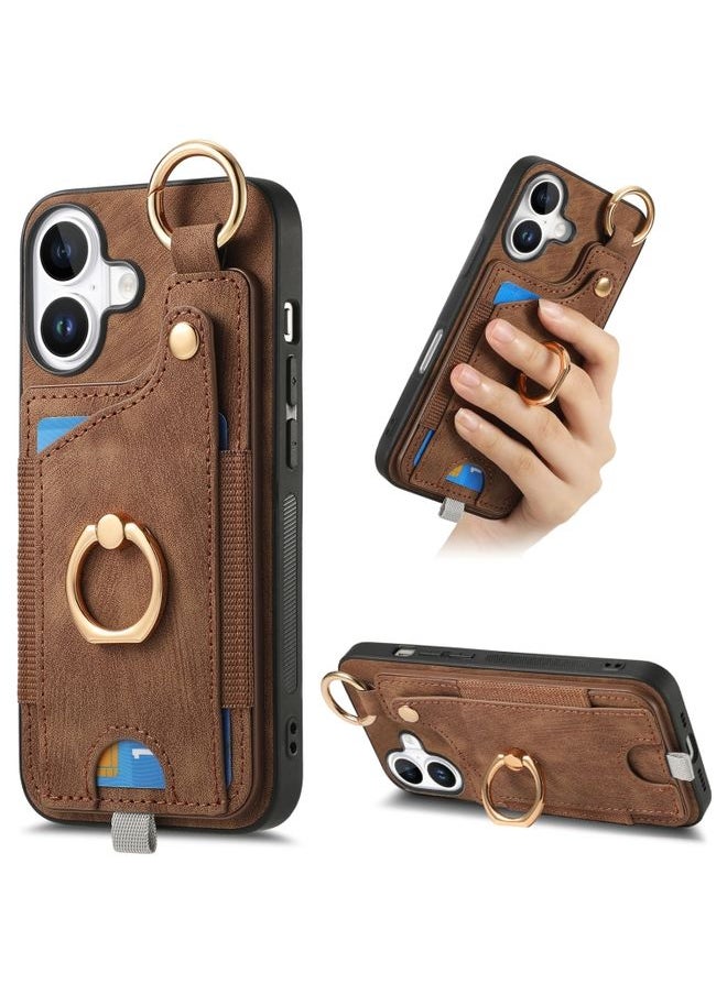HuHa Case Cover For iPhone 16 Plus Retro Skin-feel Ring Card Bag Phone Case with Hang Loop(Brown) 