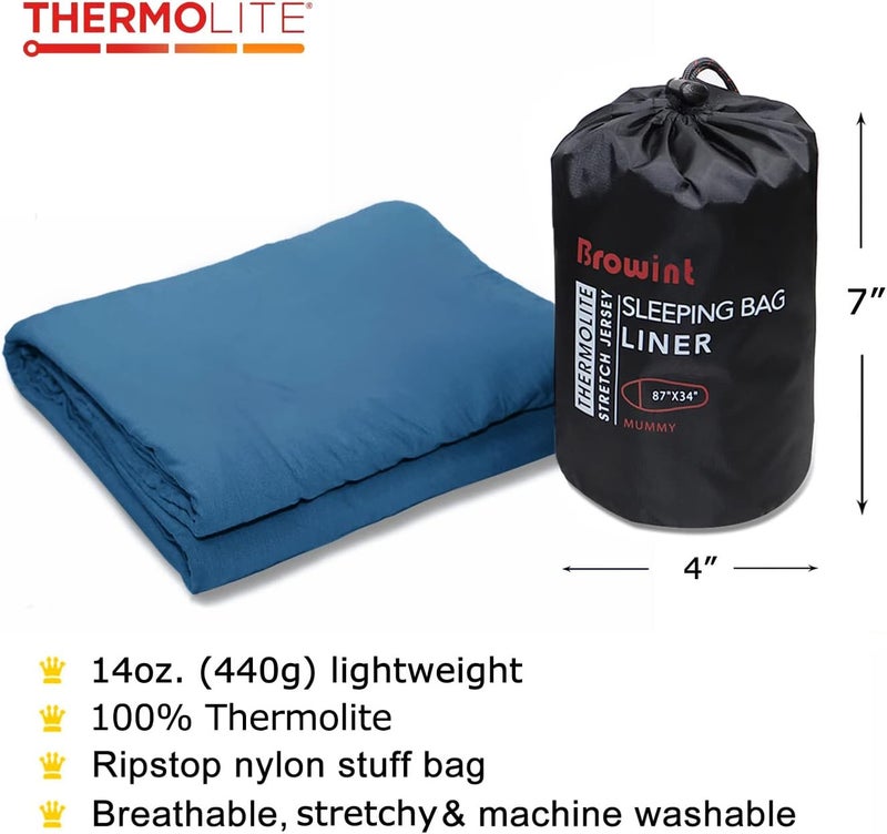 BROWINT Thermolite Sleeping Bag Liner with Zippers for Cold Weather, Lightweight Mummy with Hood & Rectangular Sleep Sack for Adult, Adds Warmth, Thermal Travel Liner, All Season - Image 3