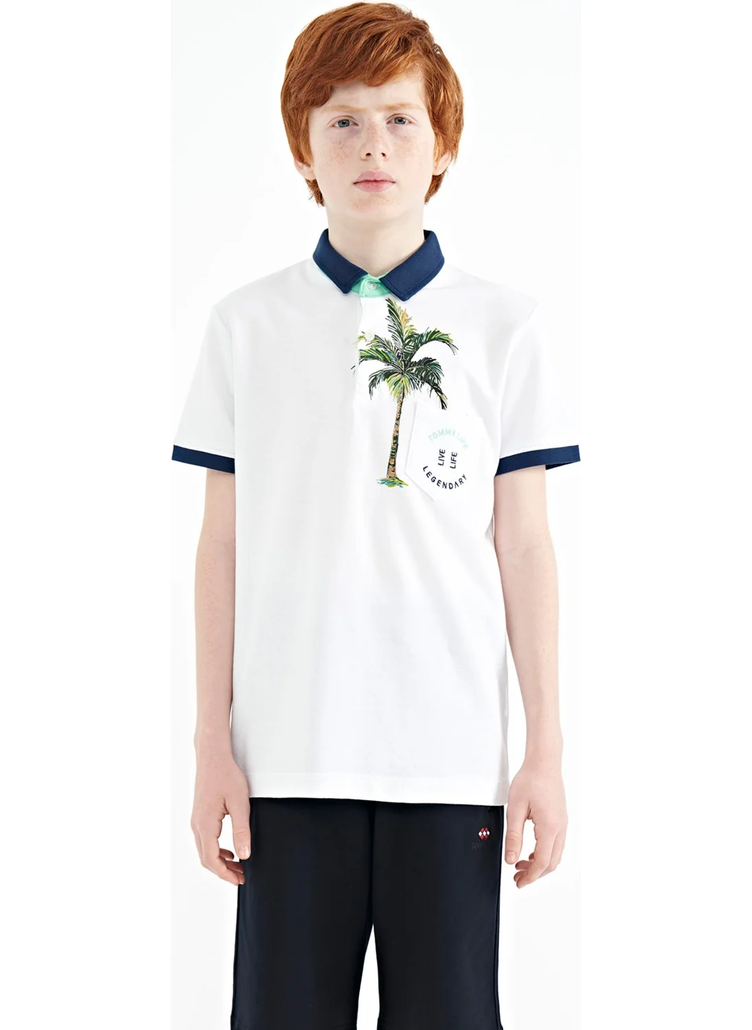 تومي لايف White Printed Pocket Detailed Standard Size Polo Collar Boy T-Shirt - 11144