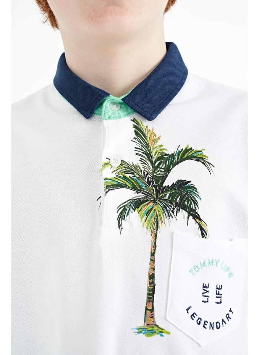 تومي لايف White Printed Pocket Detailed Standard Size Polo Collar Boy T-Shirt - 11144