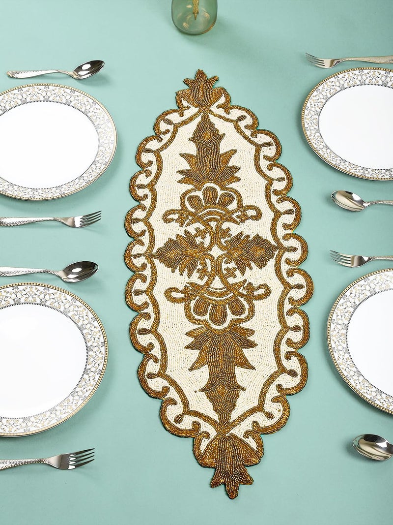 AIVIK Premium Handcrafted Beautiful Beaded Dinning Table Runner 1336 Golden White Desgin