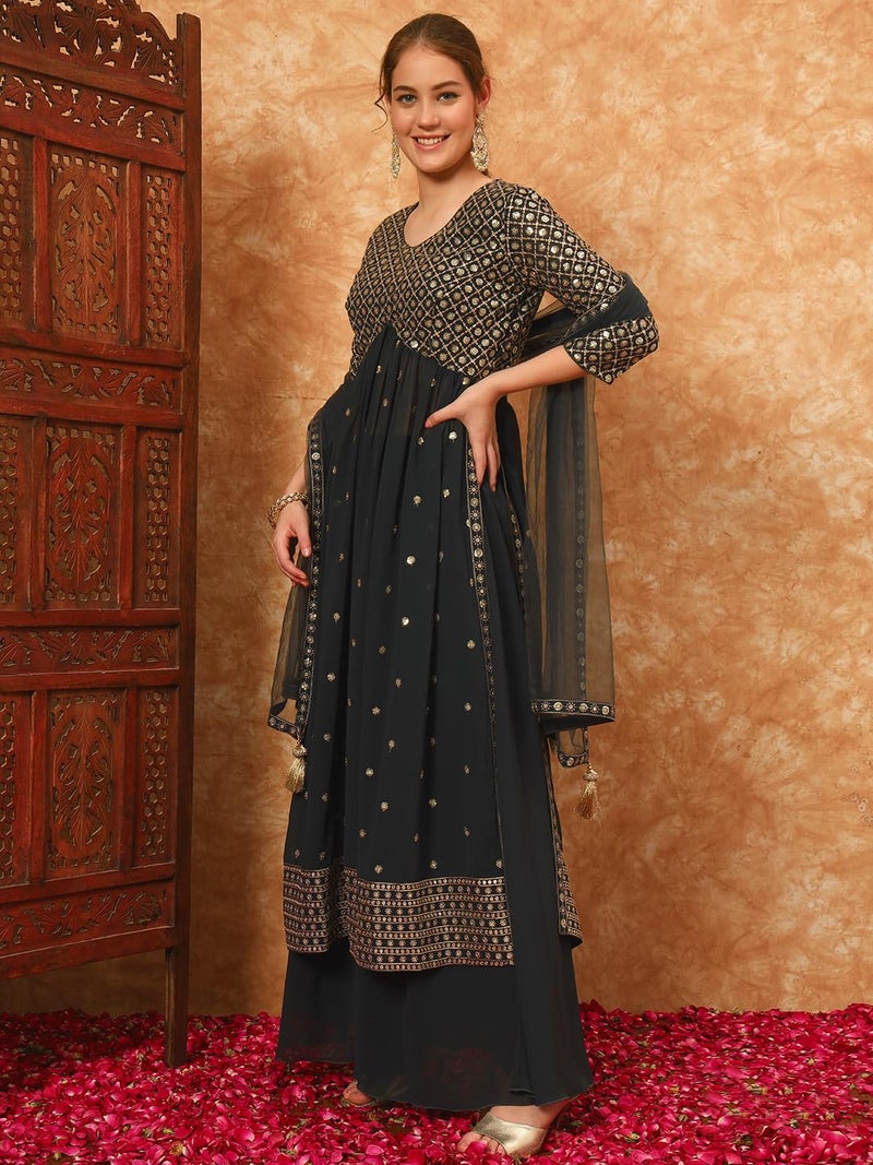 SHOPPING QUEEN Women's Georgette Embroidered Kurta and Palazzo Set (A599_Granite Grey_2XL) - Image 3