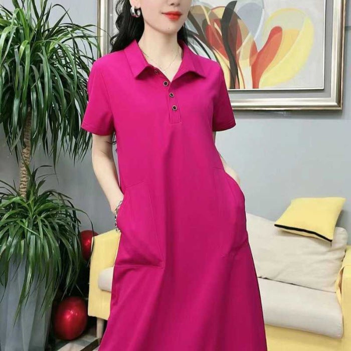 Casual Cotton Polo Dress 2023 Summer Knee-Length Solid T-shirt Dress for Women rose red - Image 1