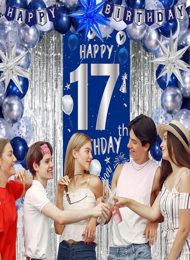 Pounira Blue 17th Birthday Decorations for Boys Girls, Happy 17th Birthday Decorations for Men, Navy Blue 17 Birthday Banner, 17 Year Old Boy Bday Party Ballloons Arch Tablecloth Backdrop Star Balloons Decor - Image 4