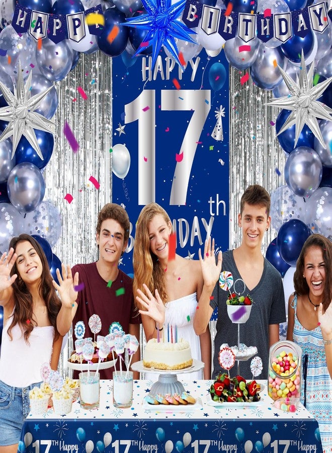 Pounira Blue 17th Birthday Decorations for Boys Girls, Happy 17th Birthday Decorations for Men, Navy Blue 17 Birthday Banner, 17 Year Old Boy Bday Party Ballloons Arch Tablecloth Backdrop Star Balloons Decor - Image 2