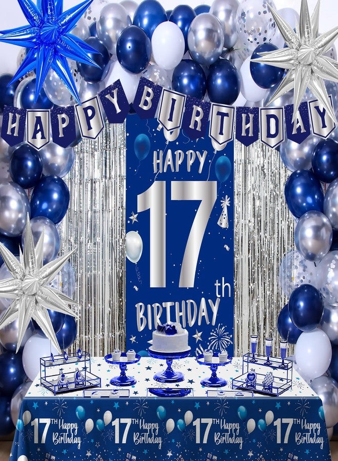 Pounira Blue 17th Birthday Decorations for Boys Girls, Happy 17th Birthday Decorations for Men, Navy Blue 17 Birthday Banner, 17 Year Old Boy Bday Party Ballloons Arch Tablecloth Backdrop Star Balloons Decor - Image 1