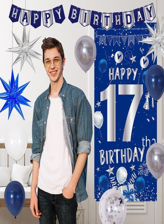 Pounira Blue 17th Birthday Decorations for Boys Girls, Happy 17th Birthday Decorations for Men, Navy Blue 17 Birthday Banner, 17 Year Old Boy Bday Party Ballloons Arch Tablecloth Backdrop Star Balloons Decor - Image 5