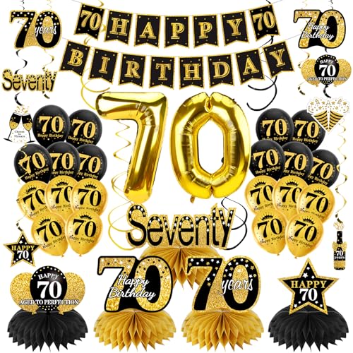 Turypaty 36Pcs 70th Birthday Decorations Kit for Men Women Black Gold Happy 70 Birthday Banner Balloon Honeycomb Centerpiece Hanging Swirl Party Supplies Seventy Year Old Bday Table Topper - Image 1