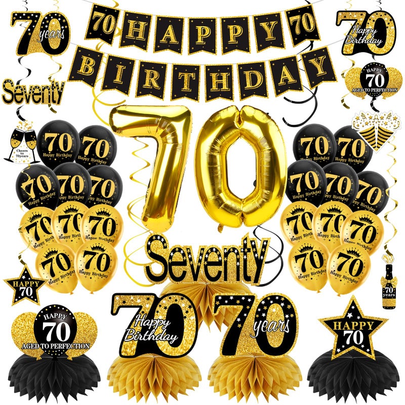 Turypaty 36Pcs 70th Birthday Decorations Kit for Men Women Black Gold Happy 70 Birthday Banner Balloon Honeycomb Centerpiece Hanging Swirl Party Supplies Seventy Year Old Bday Table Topper - Image 2