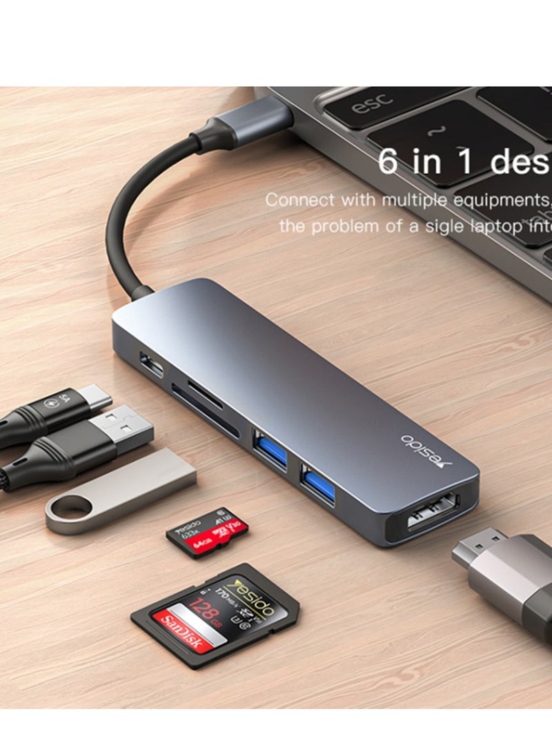 mpBLBERRI - 6-in-1 Type-C to Multi-function Dock Station with (1 HDMI 4K), (SD/TF), (2 USB-A), (1 Type-C PD 3.0) Ports, MpBlberri BLB-OT559 - Black & Grey - Image 1