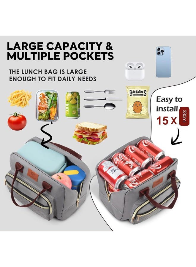 Genteen Lunch Box for Women & Men Adult Insulated Lunch Box with Front Pocket,Thermal Reusable Cooler Lunch Bag Container Leakproof Lunch Tote for Work Office Travel Picnic-Gray - Image 4