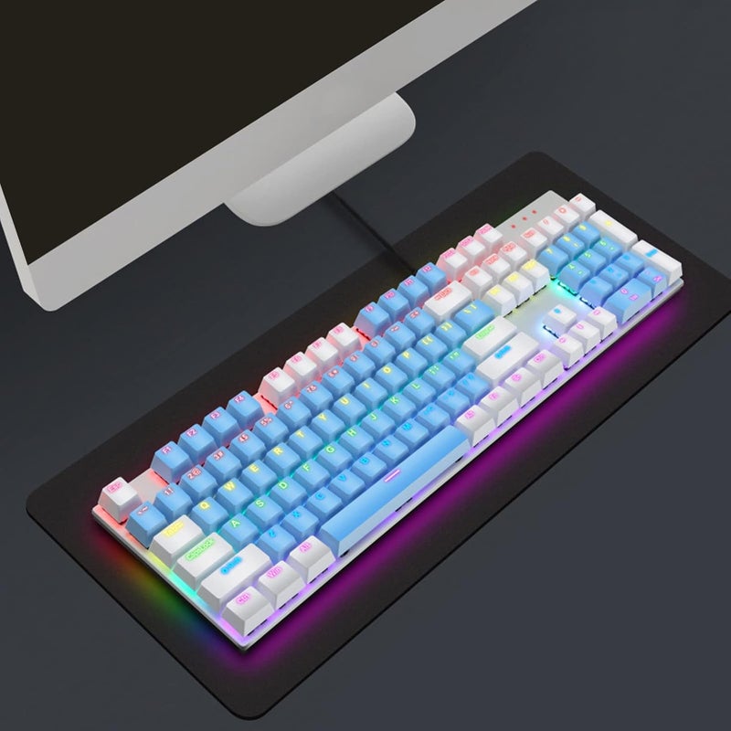 104 مفتاح لوحة مفاتيح ميكانيكية للألعاب، لوحة مفاتيح كمبيوتر سلكية RGB مع مفتاح أزرق و28 وضع إضاءة خلفية، توصيل وتشغيل لأجهزة كمبيوتر لينكس للألعاب (أزرق أبيض) - Image 2