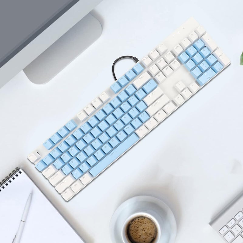 104 مفتاح لوحة مفاتيح ميكانيكية للألعاب، لوحة مفاتيح كمبيوتر سلكية RGB مع مفتاح أزرق و28 وضع إضاءة خلفية، توصيل وتشغيل لأجهزة كمبيوتر لينكس للألعاب (أزرق أبيض) - Image 3