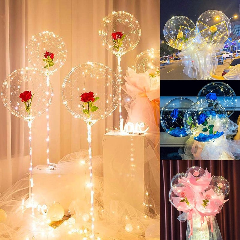 klarako 2PCS Valentine's Day Luminous Balloon Rose Bouquet, Transparent LED Light Up Bobo Ball Bouquet Set, Glow Bubble Balloons with String Lights DIY Gifts for Girls Women (Hot Pink) - Image 2