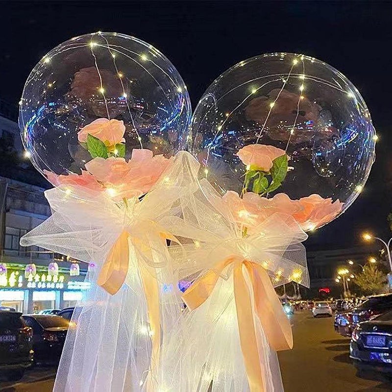 klarako 2PCS Valentine's Day Luminous Balloon Rose Bouquet, Transparent LED Light Up Bobo Ball Bouquet Set, Glow Bubble Balloons with String Lights DIY Gifts for Girls Women (Hot Pink) - Image 1