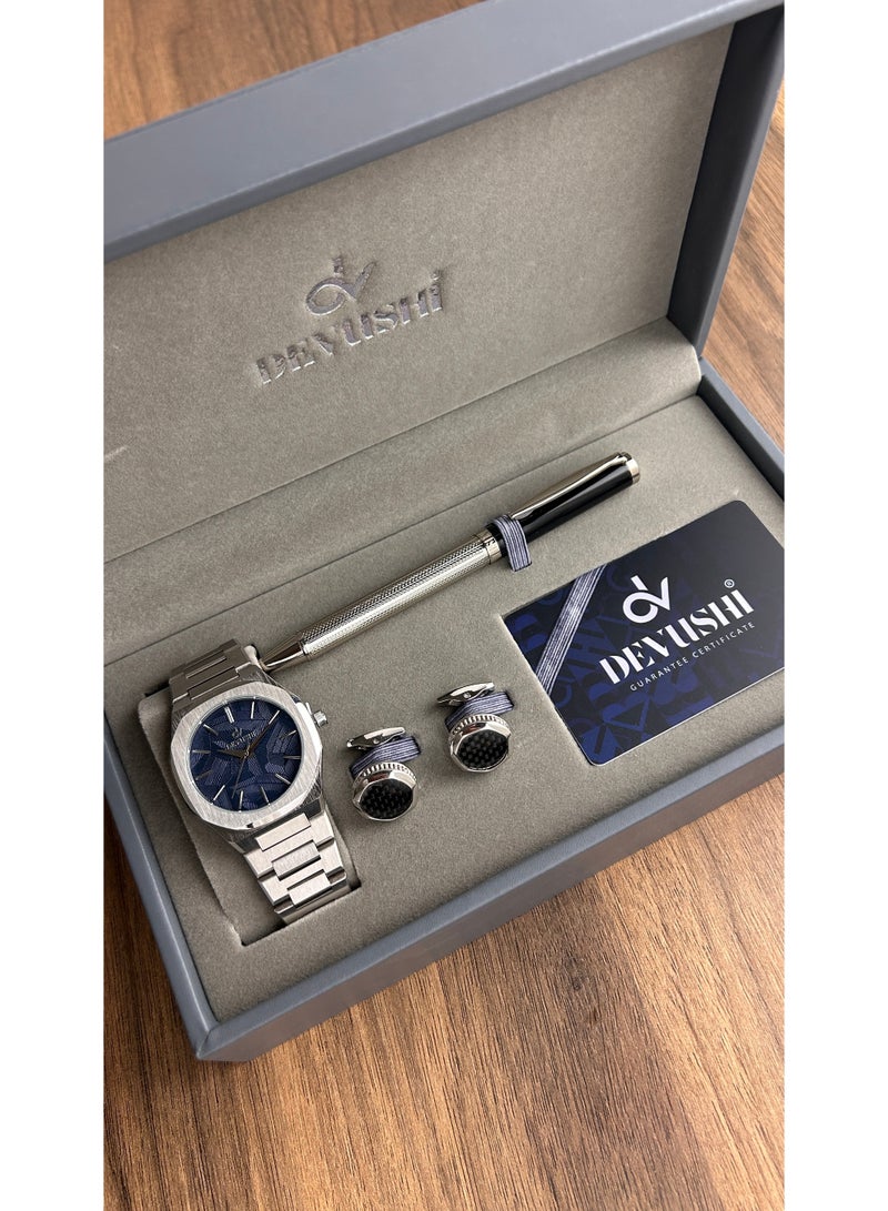 ديفوشي طقم ديفوشي رجالي فاخر – ساعة يد استيل فضي + قلم + كبك – ضمان سنتين - Image 1