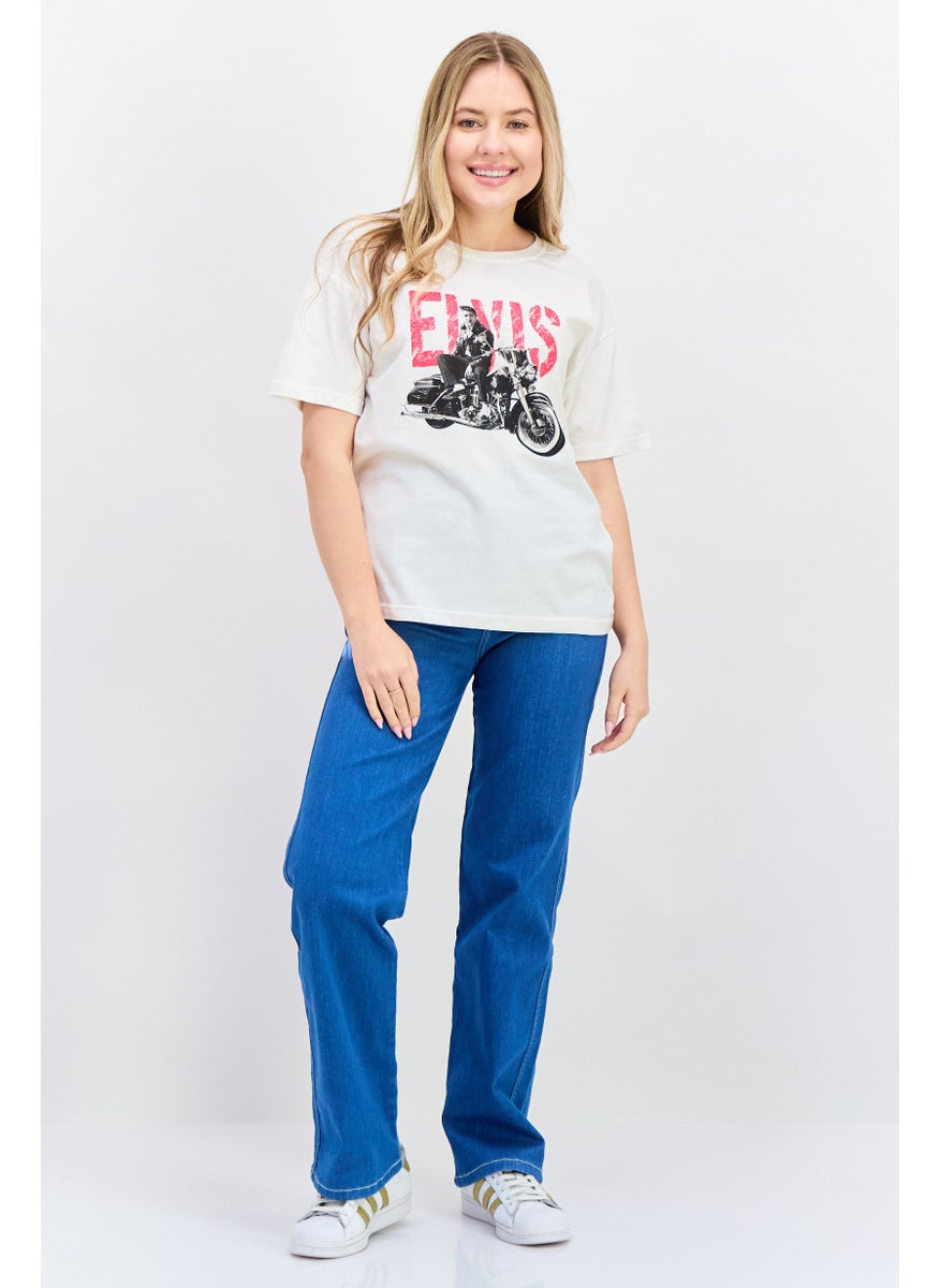 Elvis Presley - Women Crew Neck Short Sleeves Graphic Printed T-Shirt, Off White - Image 1