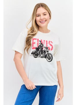 Women Crew Neck Short Sleeves Graphic Printed T-Shirt, Off White