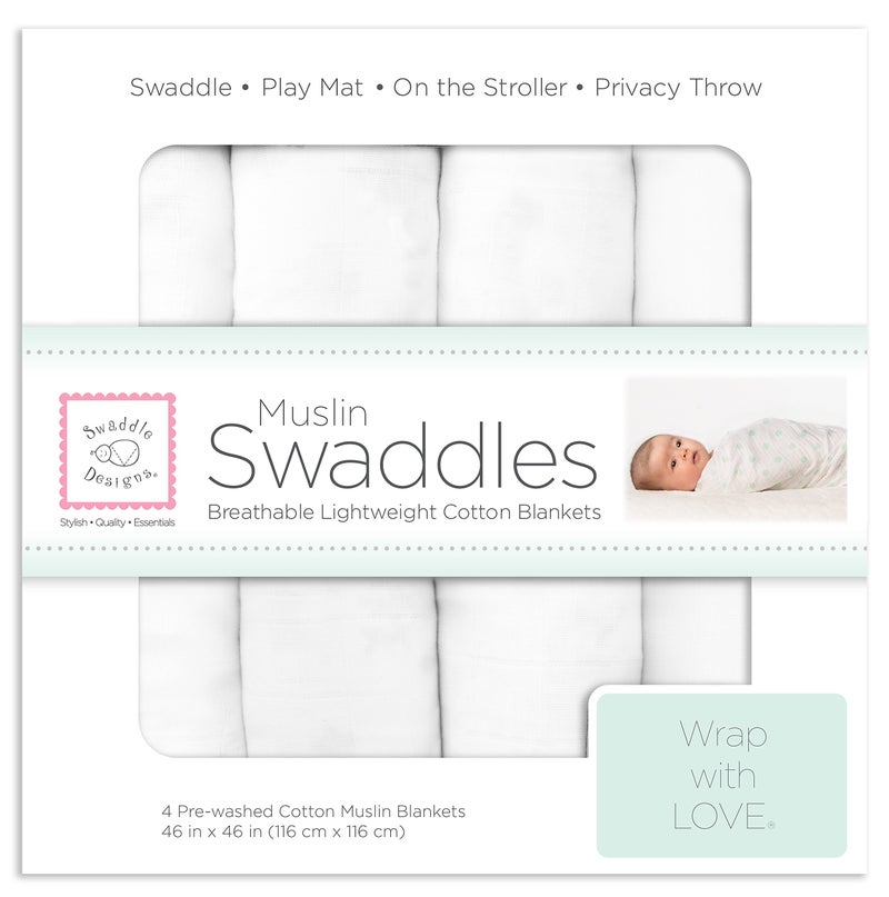 SwaddleDesigns Cotton Muslin Swaddle Blankets, Set of 4, Receiving Blankets for Baby Boys & Girls, Best Shower Gift, 46x46 inches, Pure White - Image 1