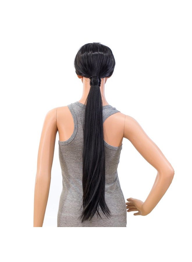 SWACC Women Long Straight/Curly Wavy Wrap Around Ponytail Extension Synthetic Hair Piece Clip in Hair extensions (Straight, 1B#-Off Black) - Image 2
