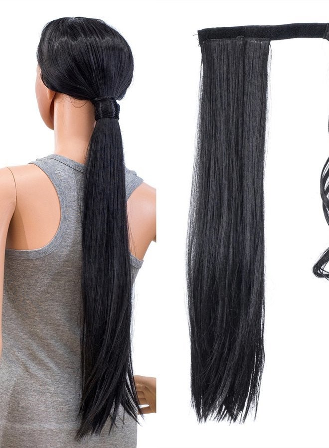 SWACC Women Long Straight/Curly Wavy Wrap Around Ponytail Extension Synthetic Hair Piece Clip in Hair extensions (Straight, 1B#-Off Black) - Image 1