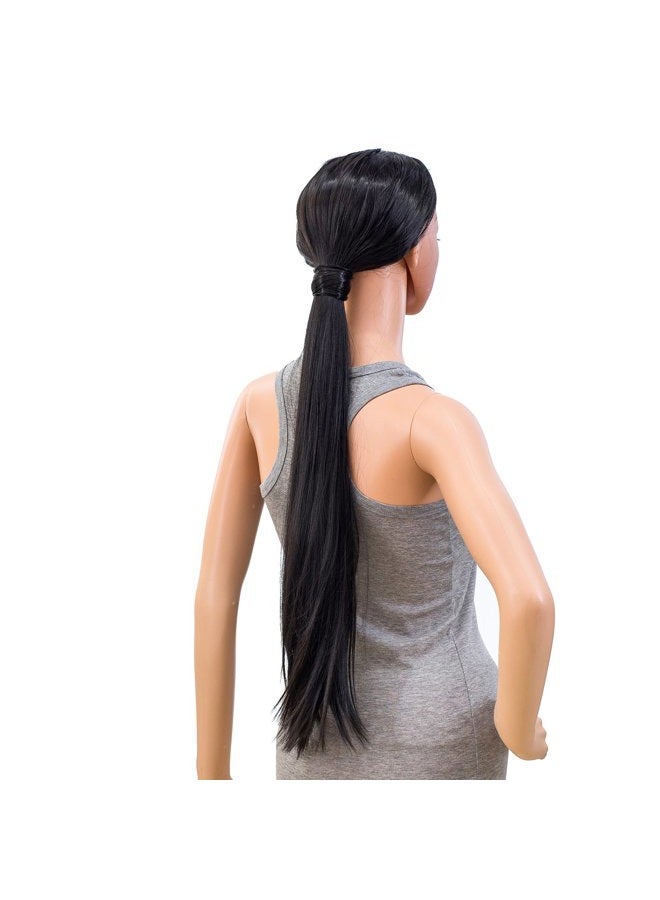SWACC Women Long Straight/Curly Wavy Wrap Around Ponytail Extension Synthetic Hair Piece Clip in Hair extensions (Straight, 1B#-Off Black) - Image 3