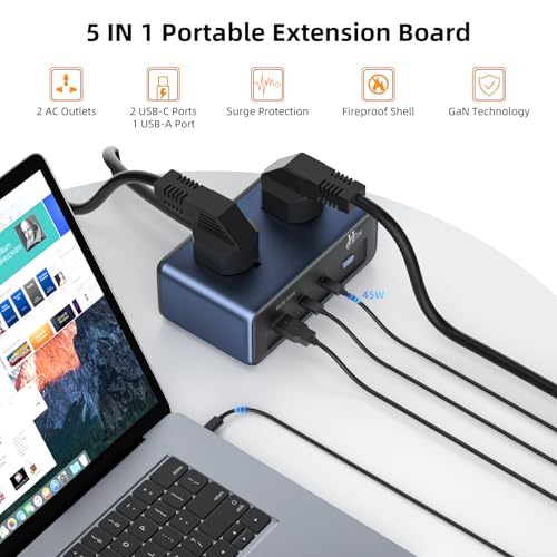Hoteon Extension Board with Surge Protection, 45W USB-C PD Fast Charging (GaN), 10A/2500W Spike Guard, 2 Universal Sockets, 2 Type-C + 1 USB-A, 2m Extension Cord with Indian 3-Pin Plug for Home/Office - Image 2
