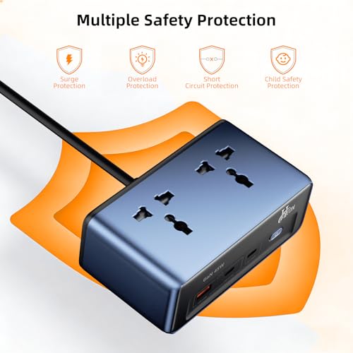 Hoteon Extension Board with Surge Protection, 45W USB-C PD Fast Charging (GaN), 10A/2500W Spike Guard, 2 Universal Sockets, 2 Type-C + 1 USB-A, 2m Extension Cord with Indian 3-Pin Plug for Home/Office - Image 5