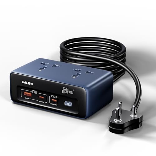 Hoteon Extension Board with Surge Protection, 45W USB-C PD Fast Charging (GaN), 10A/2500W Spike Guard, 2 Universal Sockets, 2 Type-C + 1 USB-A, 2m Extension Cord with Indian 3-Pin Plug for Home/Office - Image 1