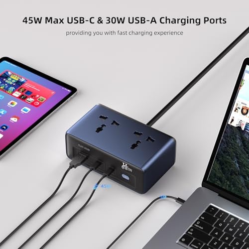 Hoteon Extension Board with Surge Protection, 45W USB-C PD Fast Charging (GaN), 10A/2500W Spike Guard, 2 Universal Sockets, 2 Type-C + 1 USB-A, 2m Extension Cord with Indian 3-Pin Plug for Home/Office - Image 3