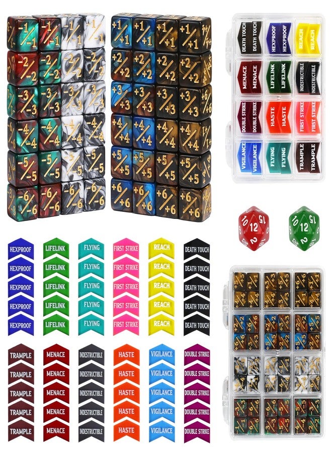FourDragons 110 Pieces MTG Keyword Tokens 12mm Counters Dice for Magic The Gatering, MTG Abilities Keyword Buff Tokens D6 D20 Life Counter Dice for TCG CCG Magic Card Games Accessories - Image 1