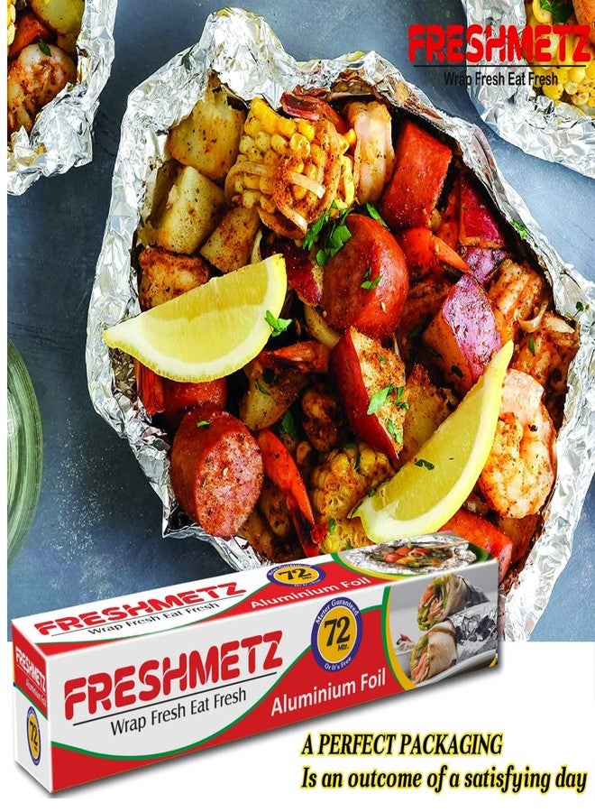FRESHMETZ ورق ألومنيوم فريش ميتز 72 متر | لفة ورق فضي غذائي 11 ميكرون | ورق تغليف متعدد الأغراض للطبخ والخبز والشواء والتعبئة وتقديم الطعام - Image 4