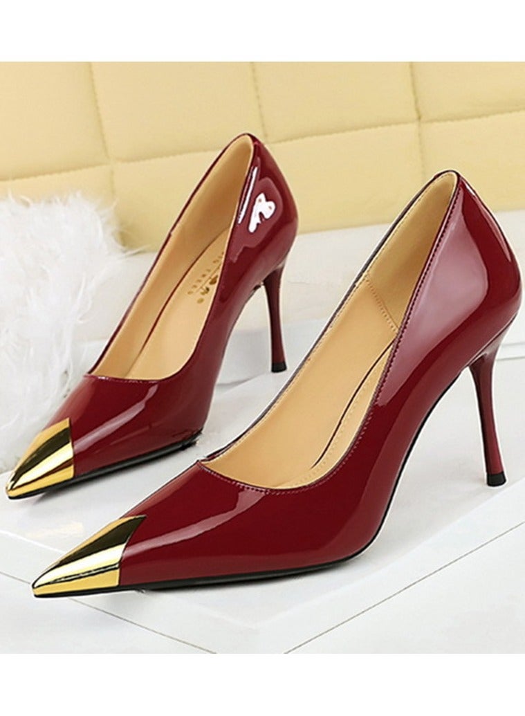 BIGTREE Women's Elegant Metal Closed Pointed Toe High Heels Party Stiletto Pumps  Wine Red 8.5CM - Image 1
