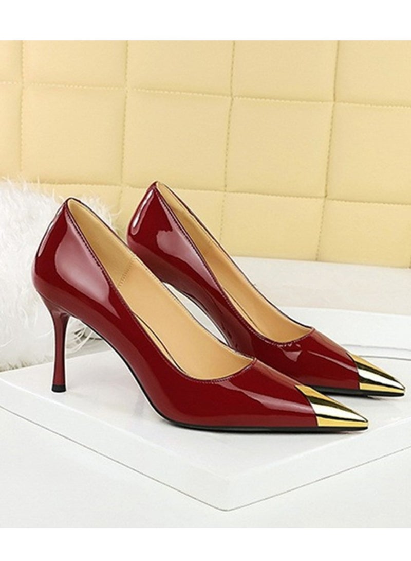 BIGTREE Women's Elegant Metal Closed Pointed Toe High Heels Party Stiletto Pumps  Wine Red 8.5CM - Image 2