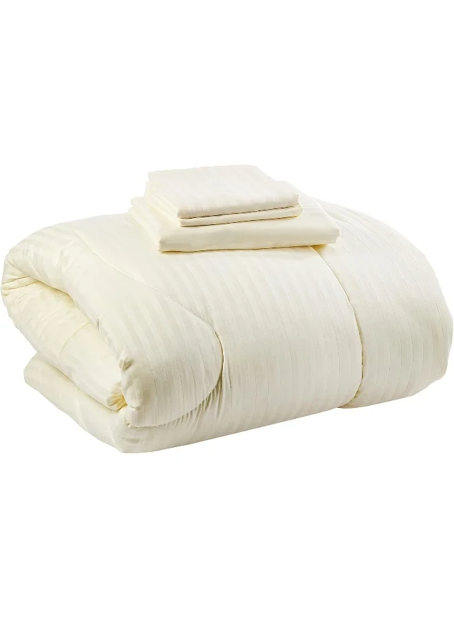 هوتيل لينين كلوب مجموعة لحاف فندقية من كلوب - 4 قطع، قطن فاخر 100% مع عدد خيوط 250 ساتين، نمط كلاسيكي أنيق بخطوط - حشوة ناعمة من الألياف الدقيقة، الحجم: 160 × 240 سم، كريم