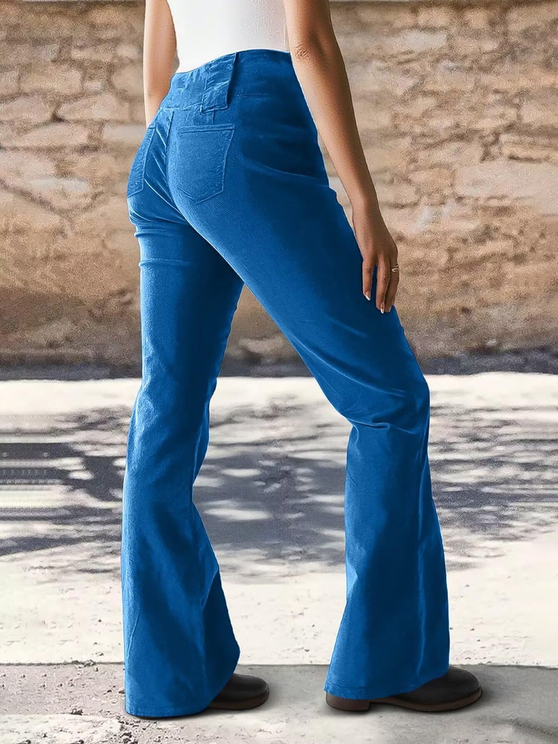 Flamingals Mid Rise Corduroy Pants for Women Seam Front Double Button Work Trouser Flare Pants Trendy Mid Blue L - Image 2