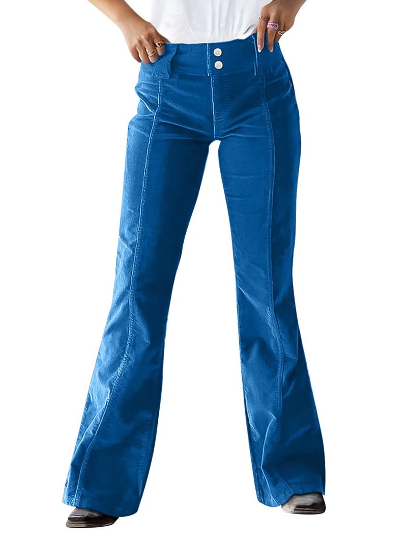 Flamingals Mid Rise Corduroy Pants for Women Seam Front Double Button Work Trouser Flare Pants Trendy Mid Blue L - Image 1