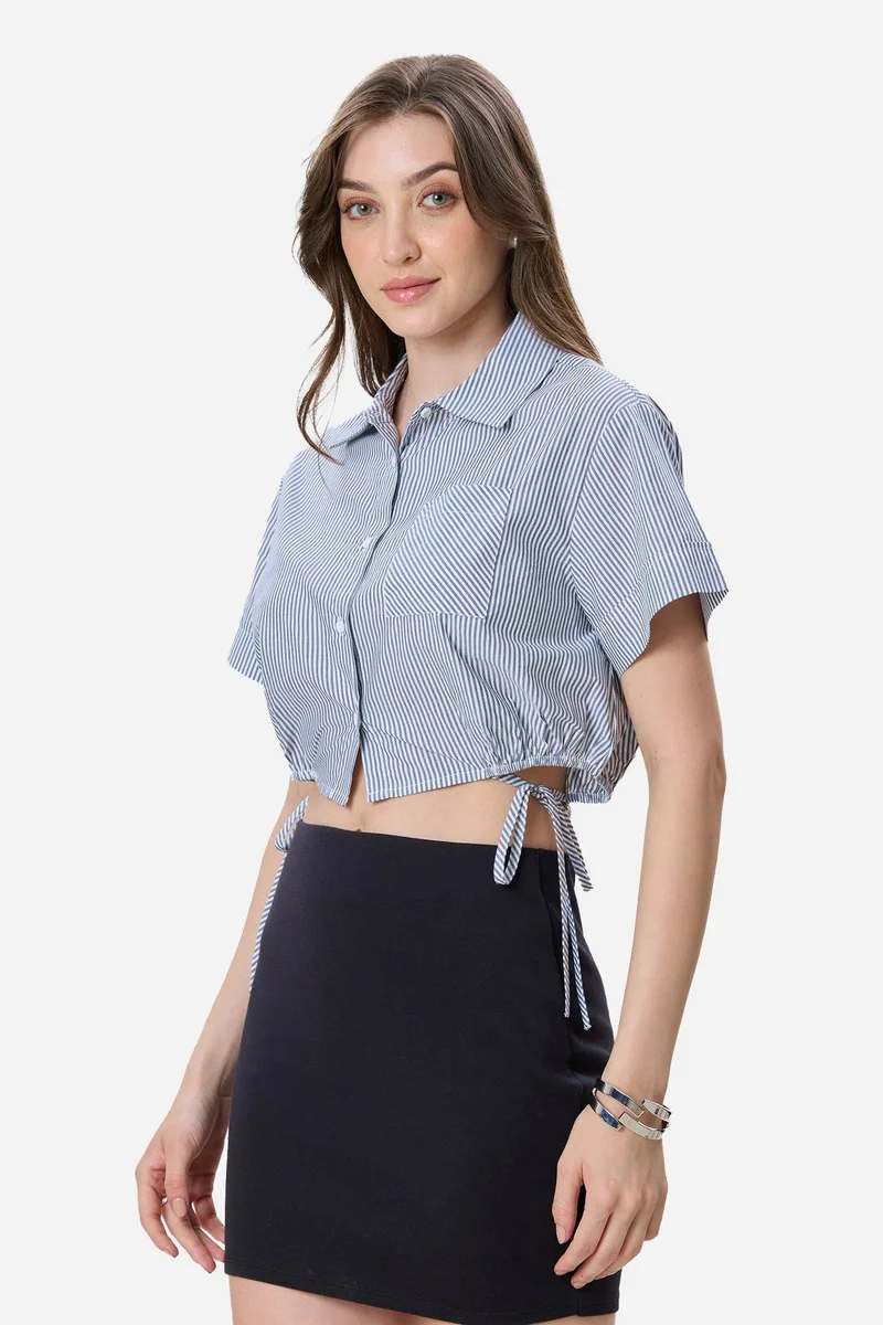 Virgio  Stripes Cotton Crop Drawcord Shirt for Women for Women | Best Price UAE