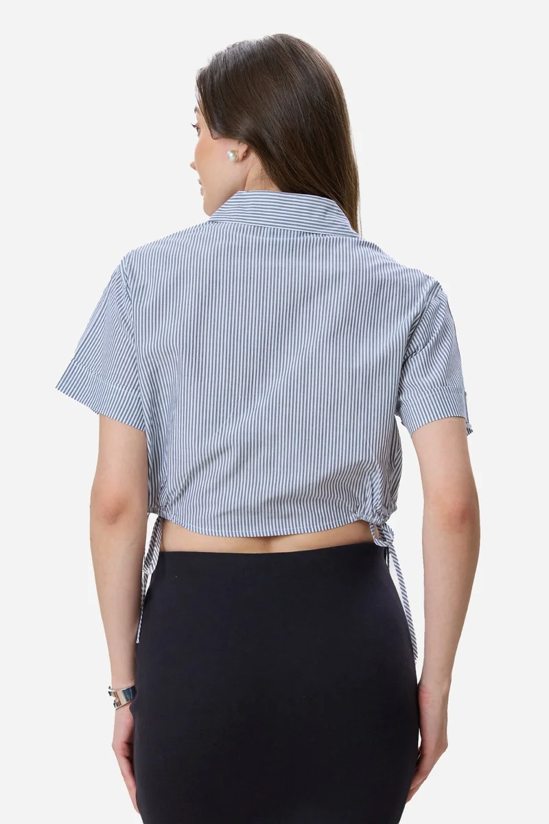 Virgio  Stripes Cotton Crop Drawcord Shirt for Women for Women | Best Price UAE