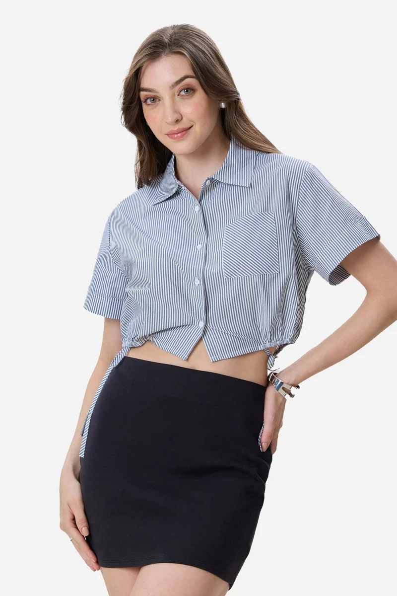 Virgio Stripes Cotton Crop Drawcord Shirt for Women