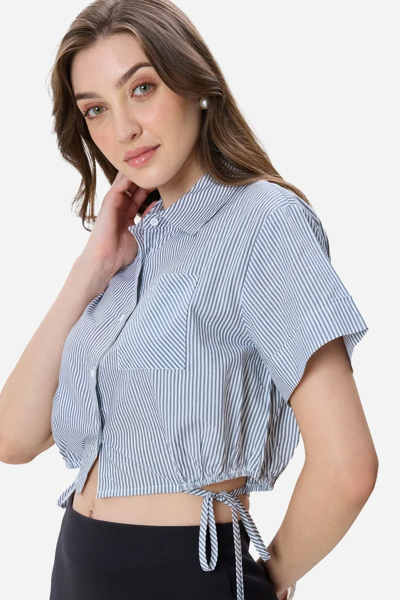 Virgio  Stripes Cotton Crop Drawcord Shirt for Women for Women | Best Price UAE