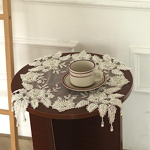 VIRFONOR Handmade Embroidery Beaded lace Doilies - Home Decor Mat for Coffee Table, Ornaments, Flower Pot, Home, Wedding Decoration(15.7’’x15.7’’, Beige) - Image 5