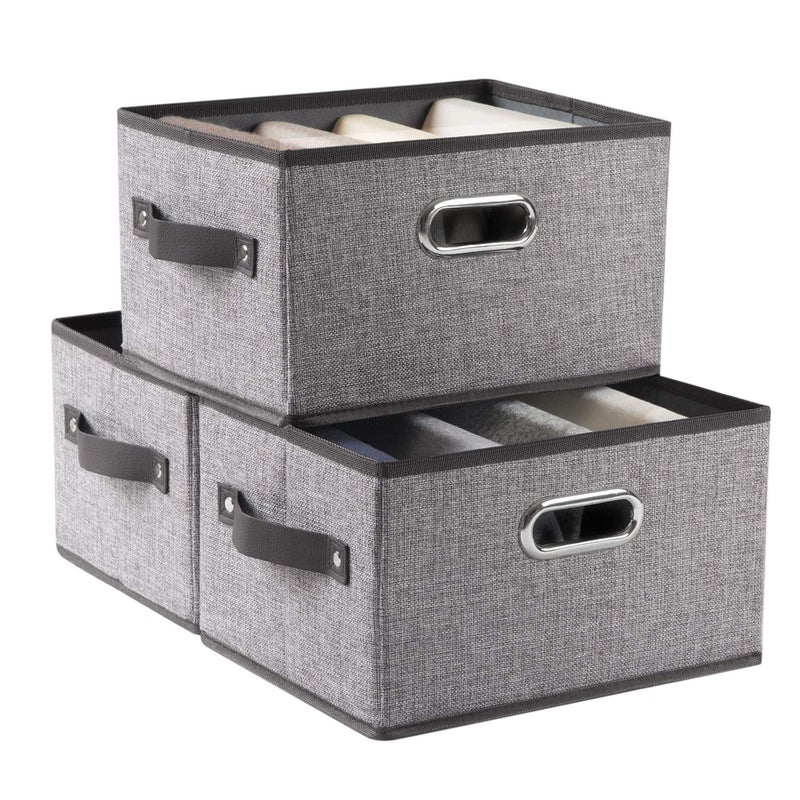 PRANDOM Fodable Storage Bins for Closet 3pack Decorative Fabric Storage Baskets Cubes with LeatherMetal Handles for Shelves Bedroom Living Room Grey 115x85x67 Inch