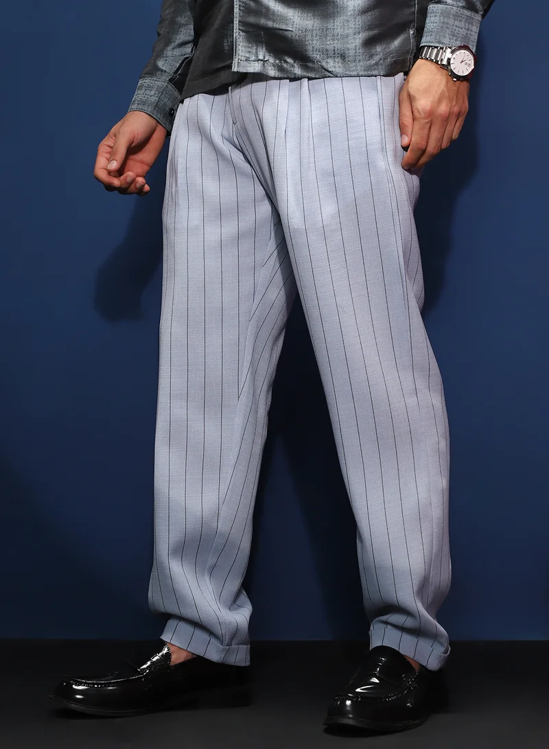 Campus Sutra Men's Icy Blue Pinstripe-Pleated Chino Trousers For Casual Wear | Mid-Rise | Regular Fit | Hook & Zip Closure | Trousers Shirt Crafted With Comfort Fit For Everyday Wear
