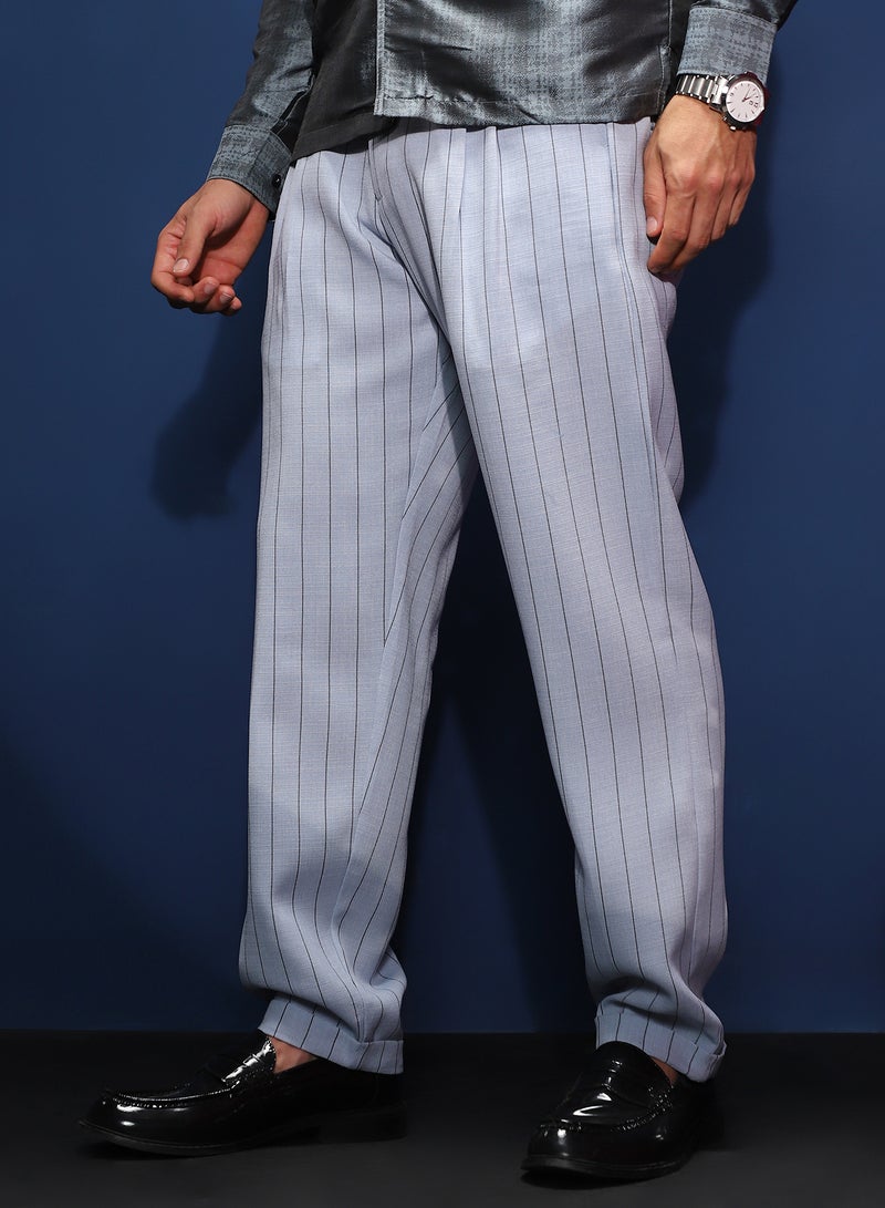 Campus Sutra Men's Icy Blue Pinstripe-Pleated Chino Trousers For Casual Wear | Mid-Rise | Regular Fit | Hook & Zip Closure | Trousers Shirt Crafted With Comfort Fit For Everyday Wear  - Image 3