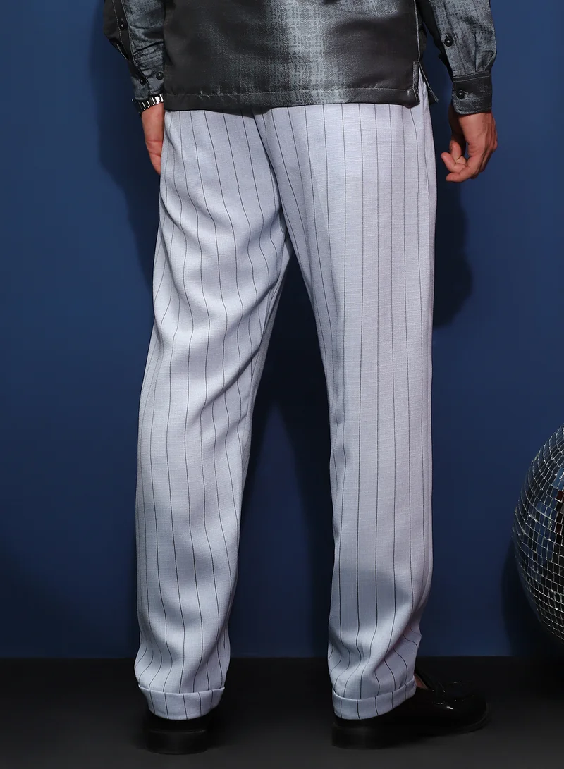 Campus Sutra Men's Icy Blue Pinstripe-Pleated Chino Trousers For Casual Wear | Mid-Rise | Regular Fit | Hook & Zip Closure | Trousers Shirt Crafted With Comfort Fit For Everyday Wear