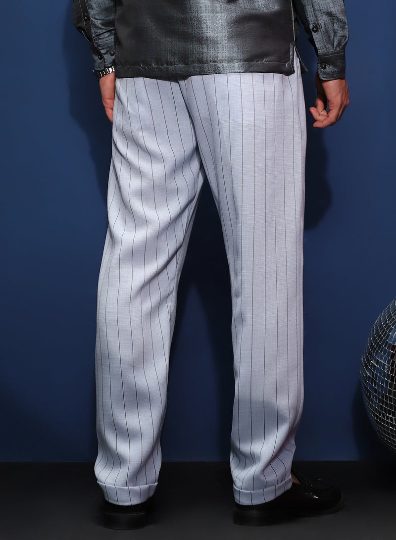 Campus Sutra Men's Icy Blue Pinstripe-Pleated Chino Trousers For Casual Wear | Mid-Rise | Regular Fit | Hook & Zip Closure | Trousers Shirt Crafted With Comfort Fit For Everyday Wear  - Image 5