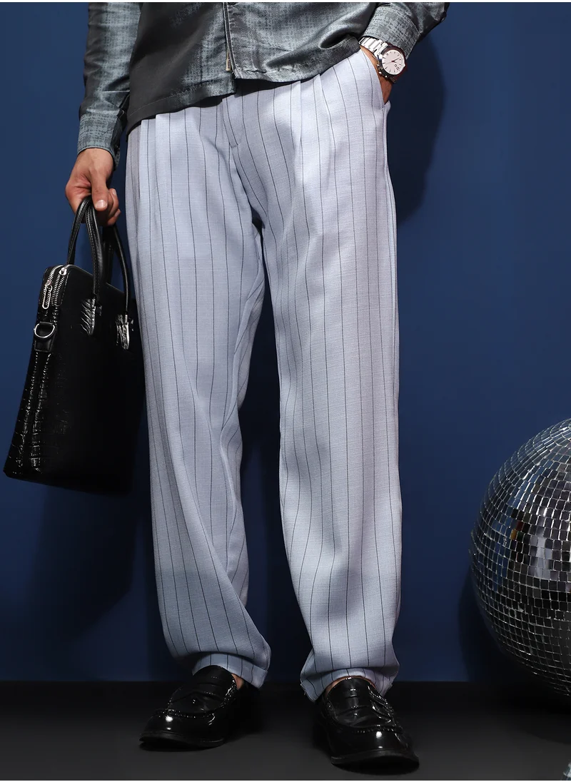 Campus Sutra Men's Icy Blue Pinstripe-Pleated Chino Trousers For Casual Wear | Mid-Rise | Regular Fit | Hook & Zip Closure | Trousers Shirt Crafted With Comfort Fit For Everyday Wear