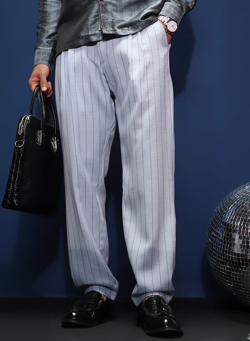 Campus Sutra Men's Icy Blue Pinstripe-Pleated Chino Trousers For Casual Wear | Mid-Rise | Regular Fit | Hook & Zip Closure | Trousers Shirt Crafted With Comfort Fit For Everyday Wear  - Image 1