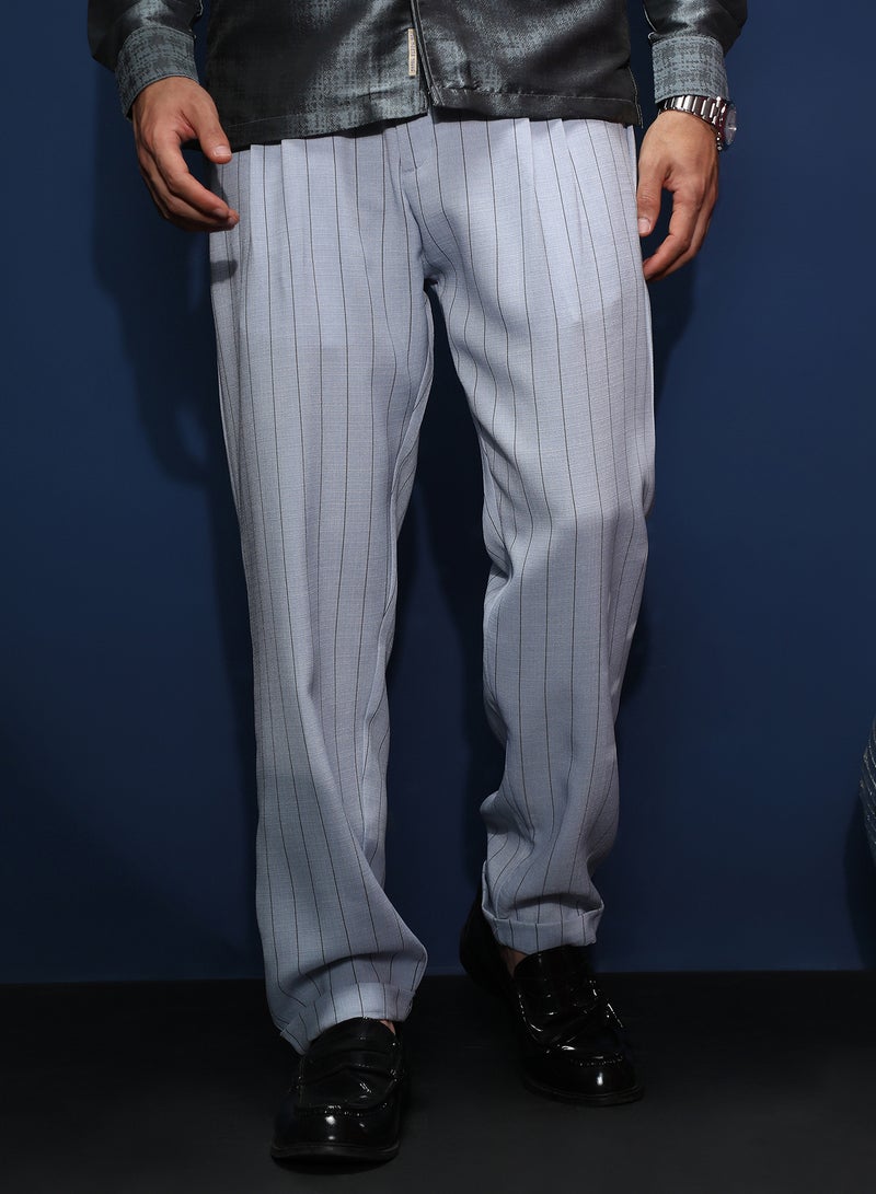 Campus Sutra Men's Icy Blue Pinstripe-Pleated Chino Trousers For Casual Wear | Mid-Rise | Regular Fit | Hook & Zip Closure | Trousers Shirt Crafted With Comfort Fit For Everyday Wear  - Image 2